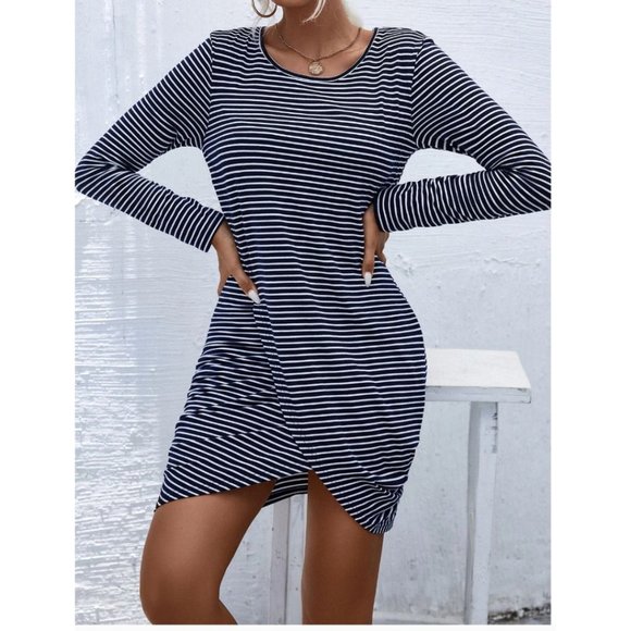 Striped Tulip Hem Fitted Dress - Picture 2 of 5